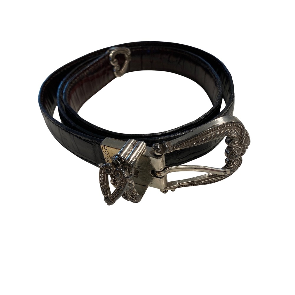 Brighton Black Croc Embossed Leather Western Belt Silver Heart Buckle XL 36